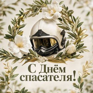 Открытка на День спасателя с лавровой ветвью и каской