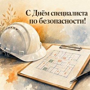 Открытка на День специалиста по безопасности с каской и планом эвакуации