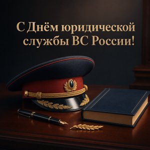 Открытка на День специалиста юридической службы Вооруженных сил России с офицерской фуражкой и кодексом