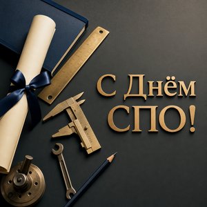 Открытка на День среднего профессионального образования с дипломом и инструментами