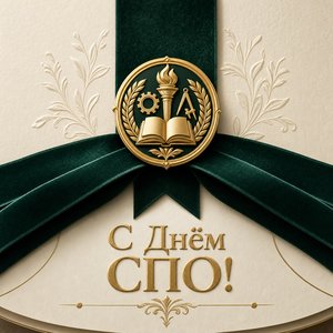 Открытка на День среднего профессионального образования с золотой эмблемой колледжа