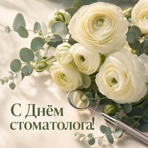 Открытка на День стоматолога с букетом и зубным зеркалом