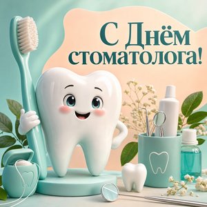 Открытка на День стоматолога с милым зубиком и щёткой