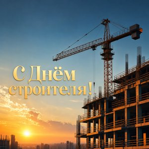 Открытка на День строителя с башенным краном на закате