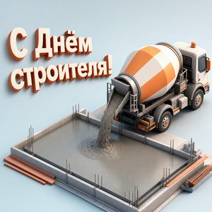 Открытка на День строителя с бетономешалкой