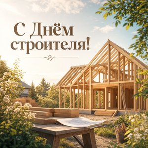 Открытка на День строителя с деревянным каркасом дома