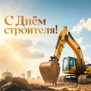 Открытка на День строителя с экскаватором на стройплощадке