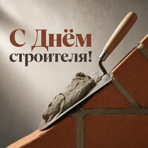 Открытка на День строителя с мастерком и кирпичной кладкой