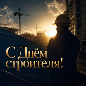 Открытка на День строителя со строителем в каске