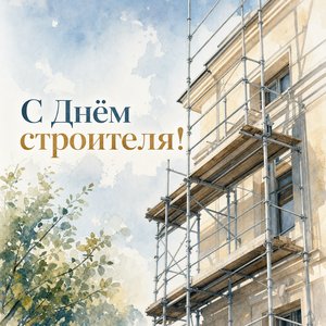 Открытка на День строителя со строительными лесами у фасада