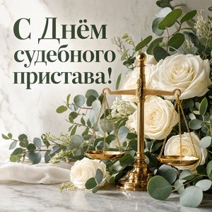 Открытка на День судебного пристава с белыми розами и весами