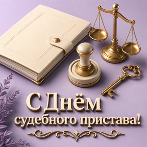 Открытка на День судебного пристава с папкой, печатью и ключом