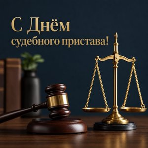 Открытка на День судебного пристава с весами правосудия и молотком