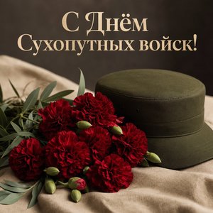 Открытка на День Сухопутных войск с гвоздиками и фуражкой