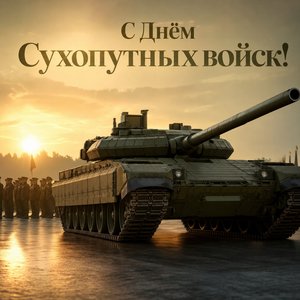 Открытка на День Сухопутных войск с танком на рассвете