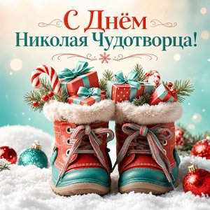 Открытка на День святителя Николая Чудотворца с детскими сапожками и подарками