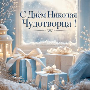 Открытка на День святителя Николая Чудотворца с подарками у зимнего окна