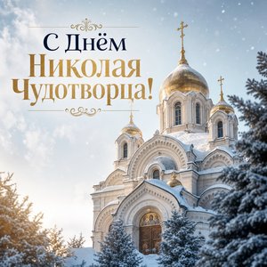 Открытка на День святителя Николая Чудотворца с заснеженным храмом