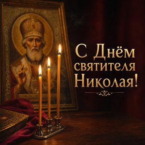 Открытка на День святителя Николая Чудотворца со свечами у образа
