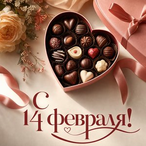Открытка на День святого Валентина с коробкой шоколадных конфет
