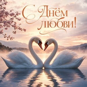 Открытка на День святого Валентина с парой белых лебедей