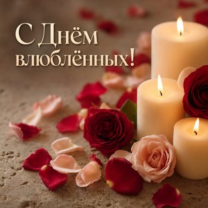 Открытка на День святого Валентина со свечами и лепестками роз