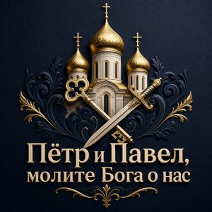 Открытка на День святых апостолов Петра и Павла с золотыми куполами, ключом и мечом