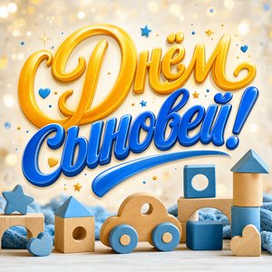 Открытка на День сыновей с деревянными кубиками и машинкой