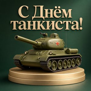 Открытка на День танкиста с мини-танком на постаменте