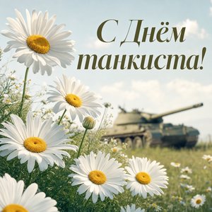 Открытка на День танкиста с ромашками и силуэтом танка
