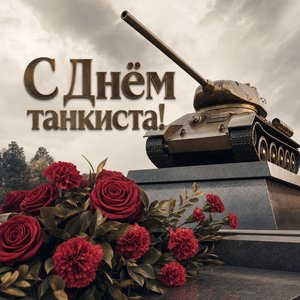Открытка на День танкиста с танком-памятником и цветами