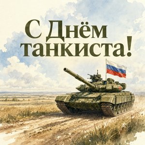 Открытка на День танкиста с танком в степи