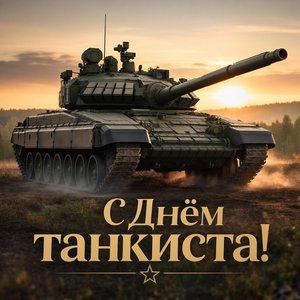 Открытка на День танкиста с танком в утреннем тумане