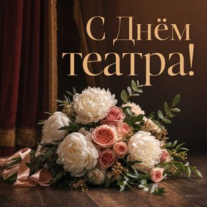 Открытка на День театра с букетом на сцене