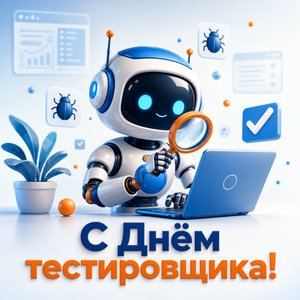 Открытка на День тестировщика с роботом и ноутбуком