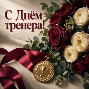 Открытка на День тренера с букетом и медалью
