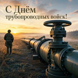 Открытка на День трубопроводных войск с полевым трубопроводом и вентилем
