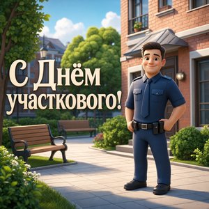 Открытка на День участкового с 3D-фигурой у дома