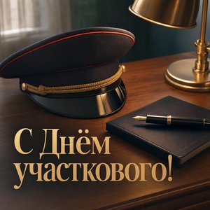 Открытка на День участкового с фуражкой и блокнотом