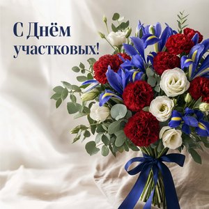 Открытка на День участковых уполномоченных полиции с букетом гвоздик и ирисов