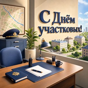 Открытка на День участковых уполномоченных полиции с полицейским кабинетом