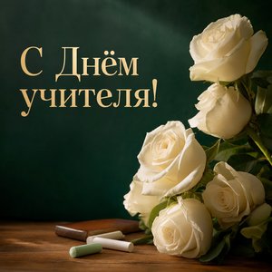 Открытка на День учителя с белыми розами и мелом