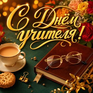Открытка на День учителя с чашкой чая и очками