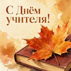 Открытка на День учителя с кленовым листом и книгой