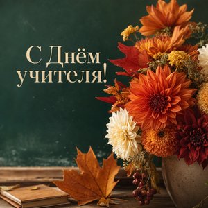 Открытка на День учителя с осенним букетом у доски