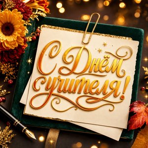 Открытка на День учителя с зелёным ежедневником и золотой скрепкой