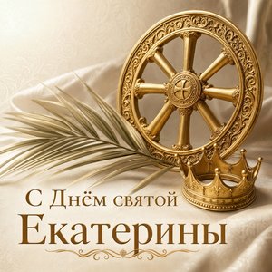 Открытка на День великомученицы Екатерины с золотым колесом и пальмовой ветвью