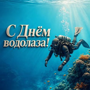 Открытка на День водолаза с водолазом в бирюзовой глубине