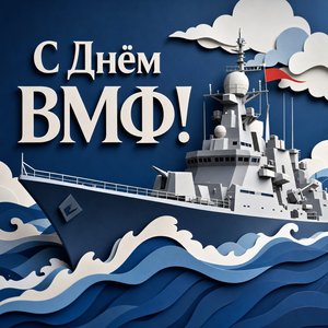 Открытка на День Военно-Морского Флота с кораблём на бумажных волнах