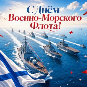 Открытка на День Военно-Морского Флота с кораблями в парадном строю